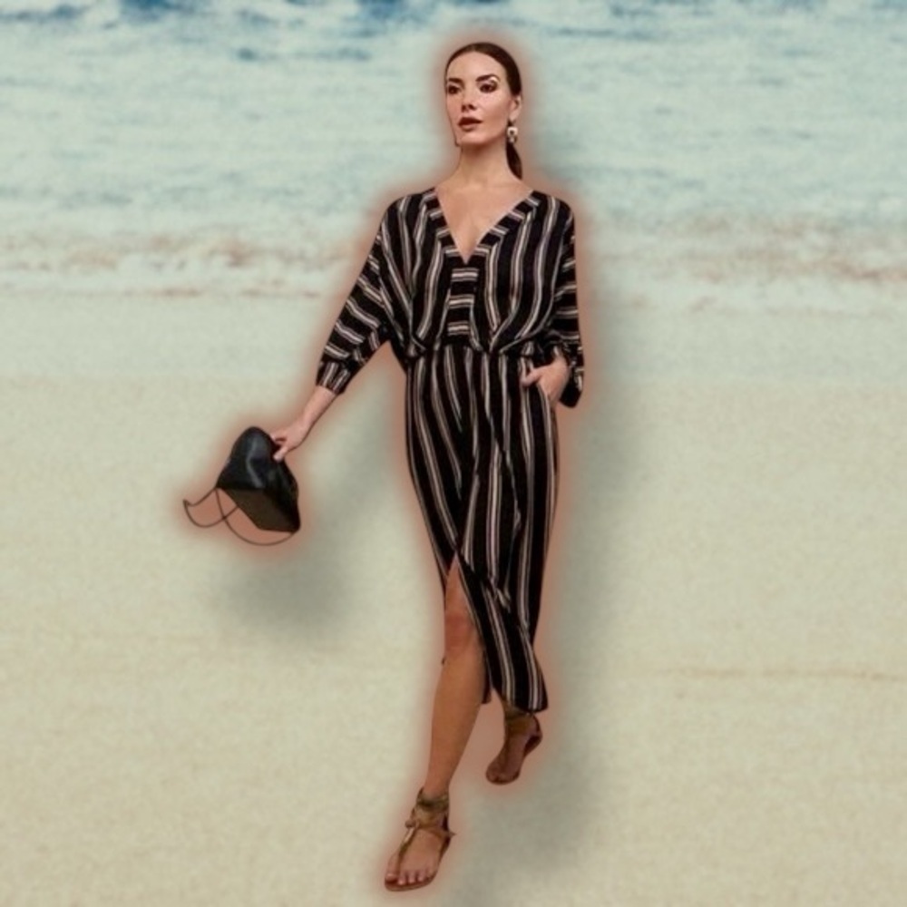 NWT Uma and Leopold ‘Anita’ Black & Tan Striped V-Neck Kaftan Dress Size Small